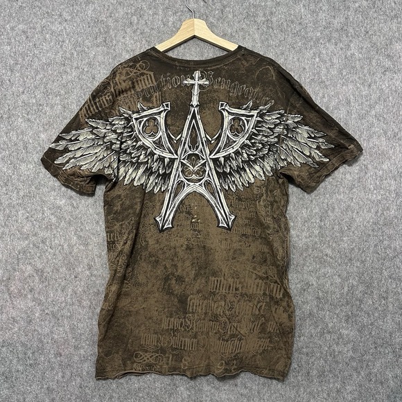 Affliction Other - Affliction Y2K Cathedral Series Brown Gothic Shirt Men's Sz 2XL Distressed Wings